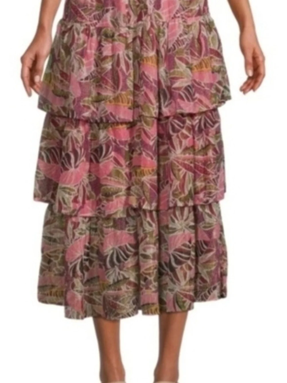 Elan Tiered Maxi Skirt in Pink and Olive Floral